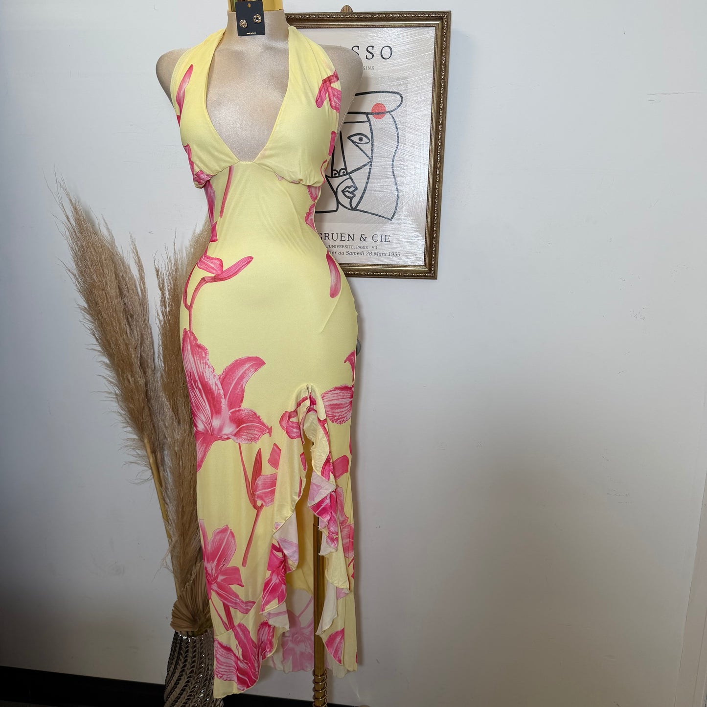 Halter Mesh Open Back Dress-Yellow Combo