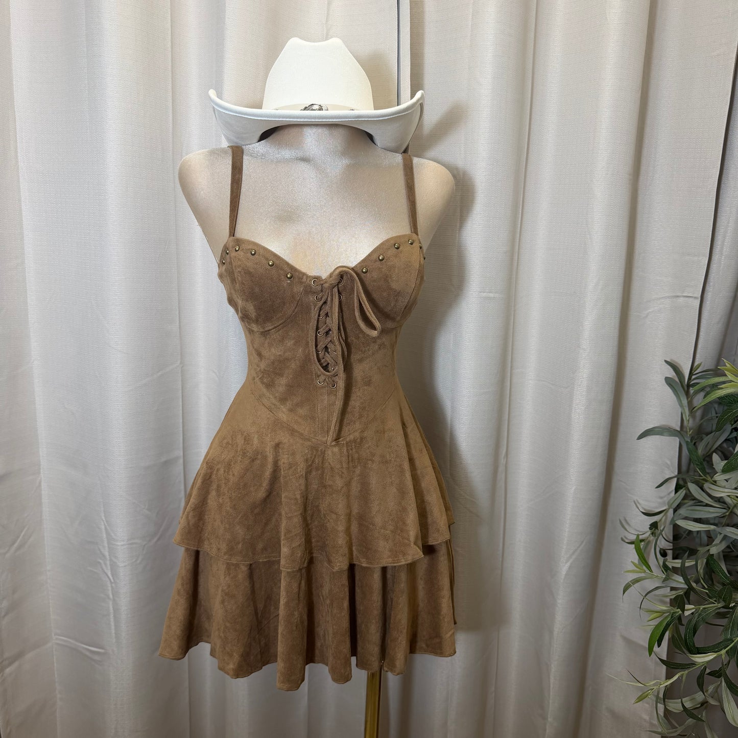 Studded Lace Up Tiered Mini Dress-Brown
