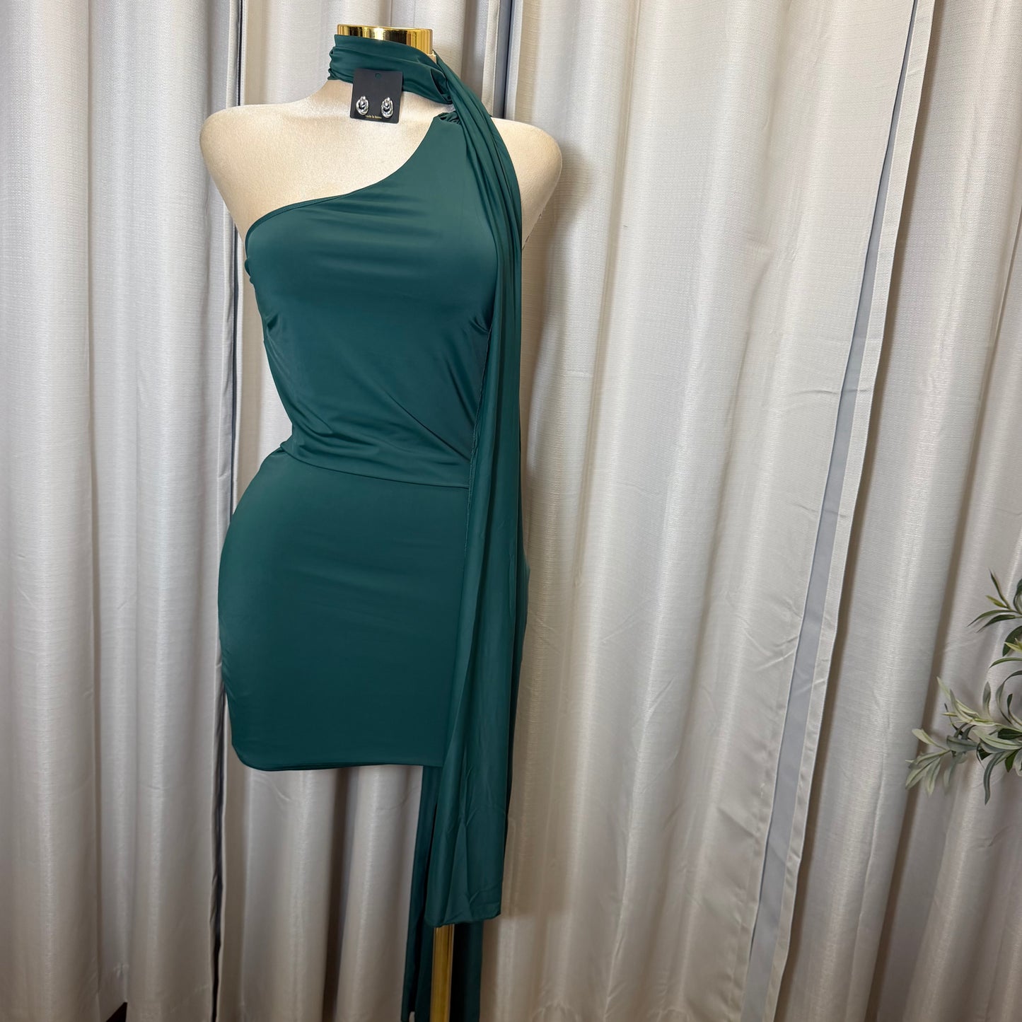Thin Soft knit with scarf Dress-Hunter Green