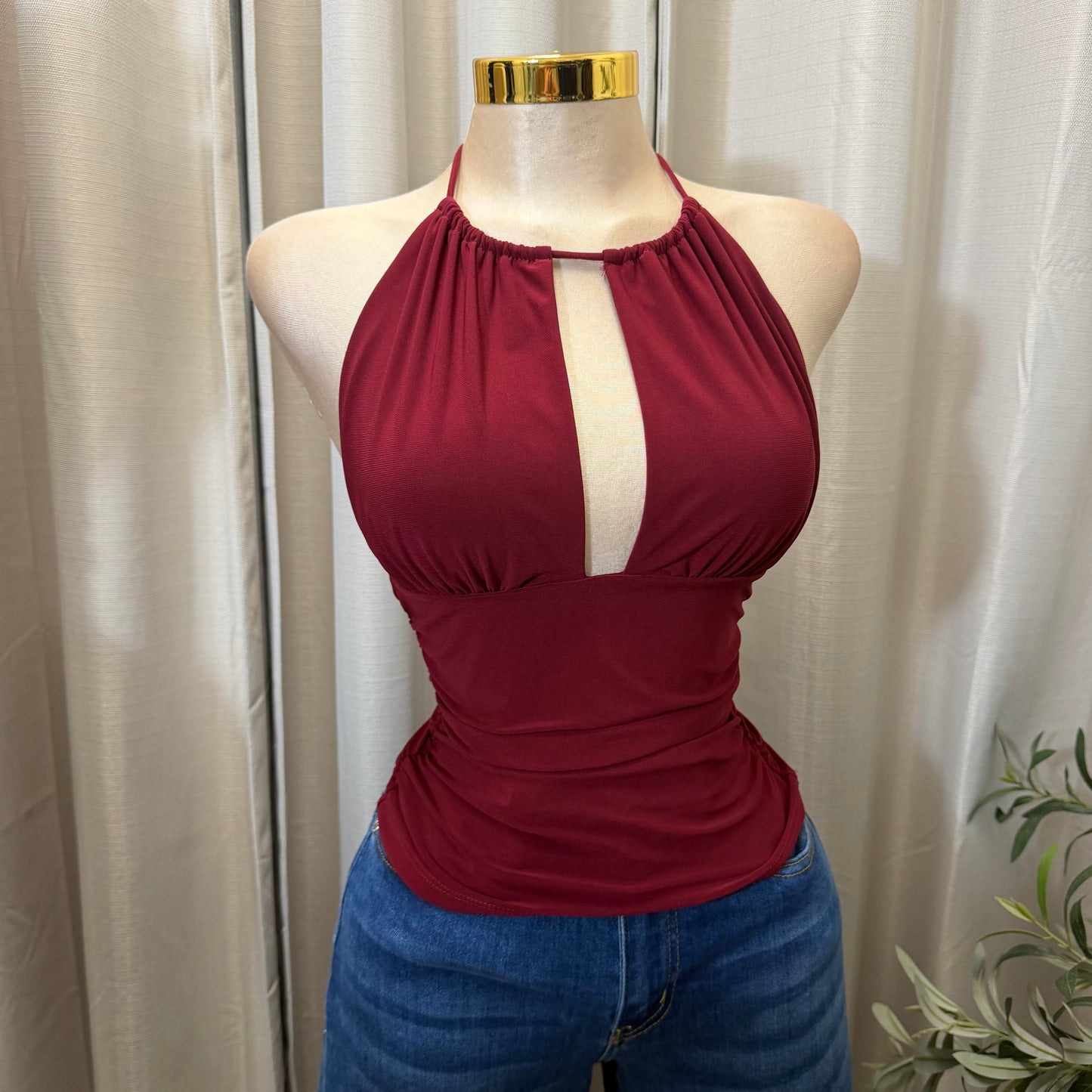 Halter open back Ruched Top-Burgundy