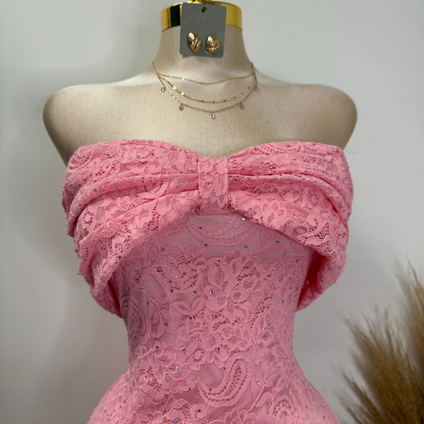 Bow Lace Rhinestone Dress-Pink