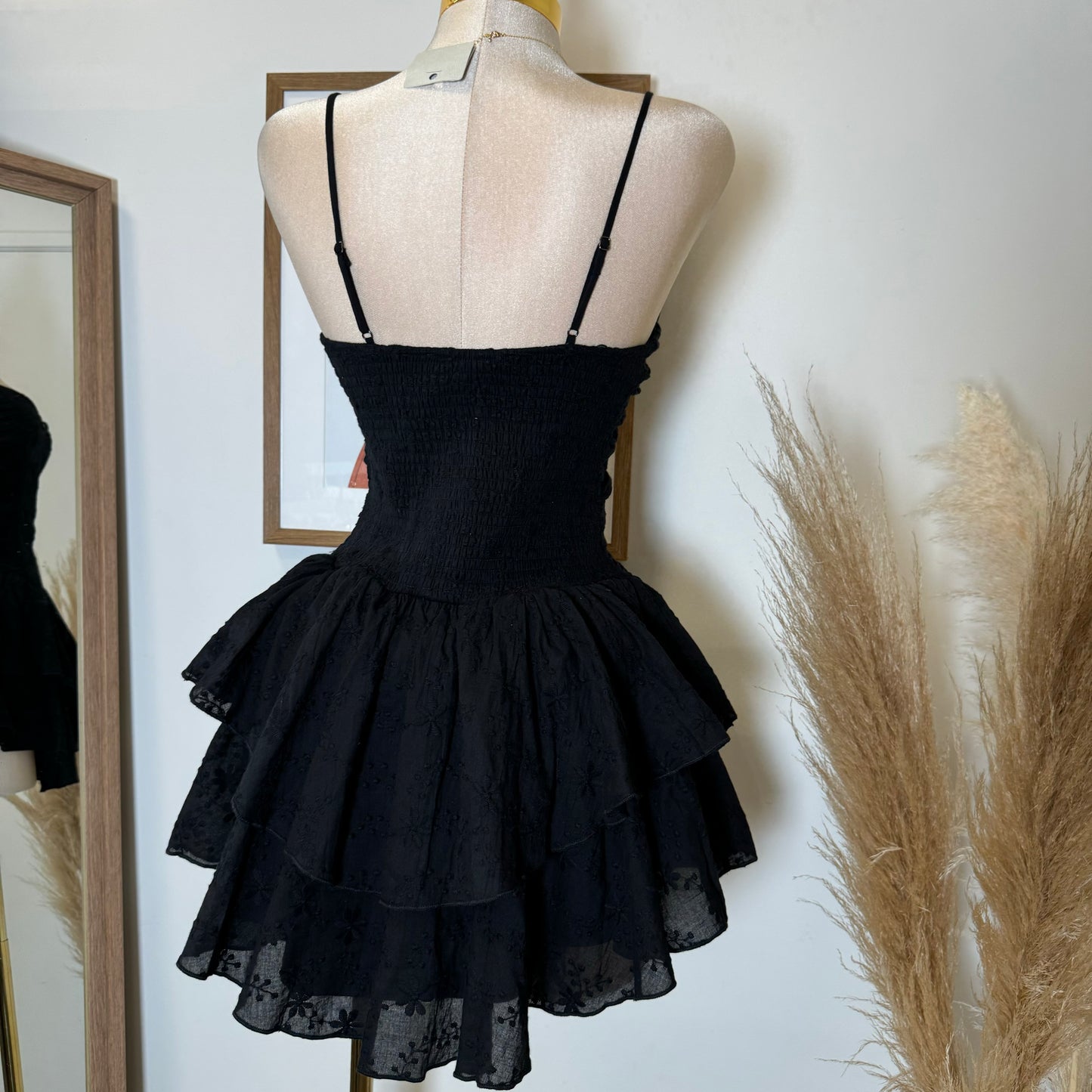 Ruched Smocked Double Layer Mini Dress-Black