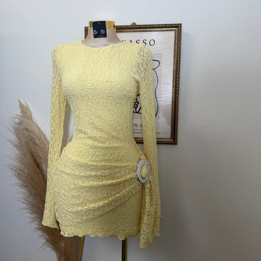 Long Sleeve Gold Detail Dress-Butter Yellow