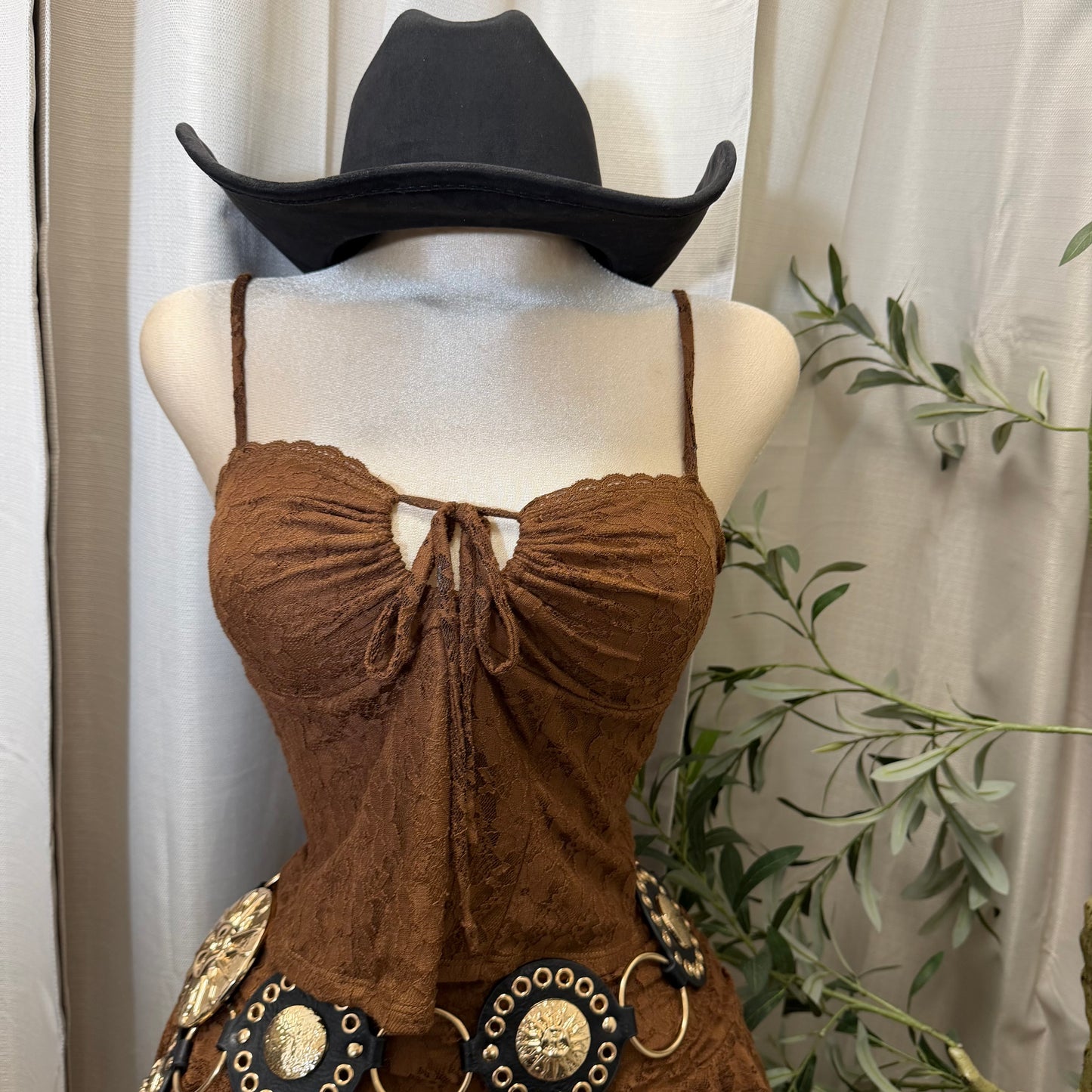 Lace Top and Ruffle Skirt Set-Brown