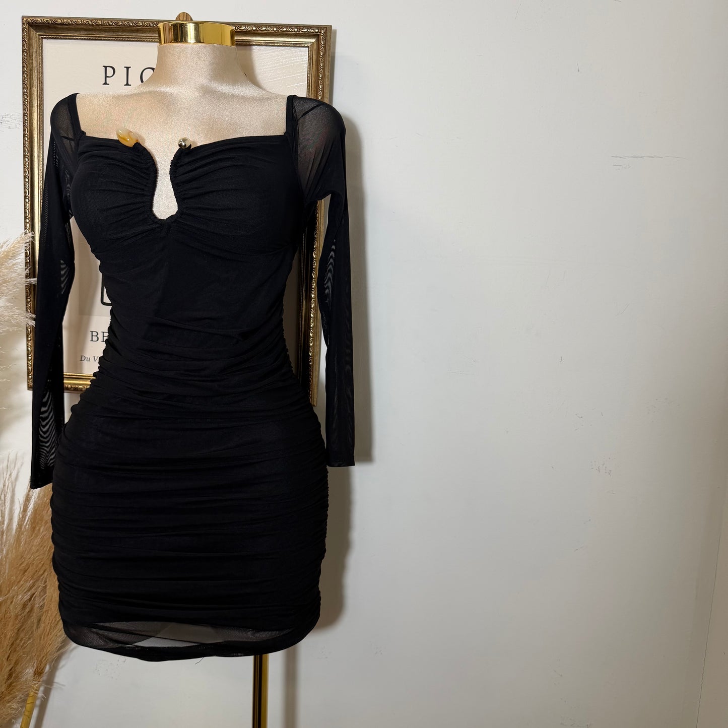 Off Shoulder Ruched Bodycon Mini Dress-Black