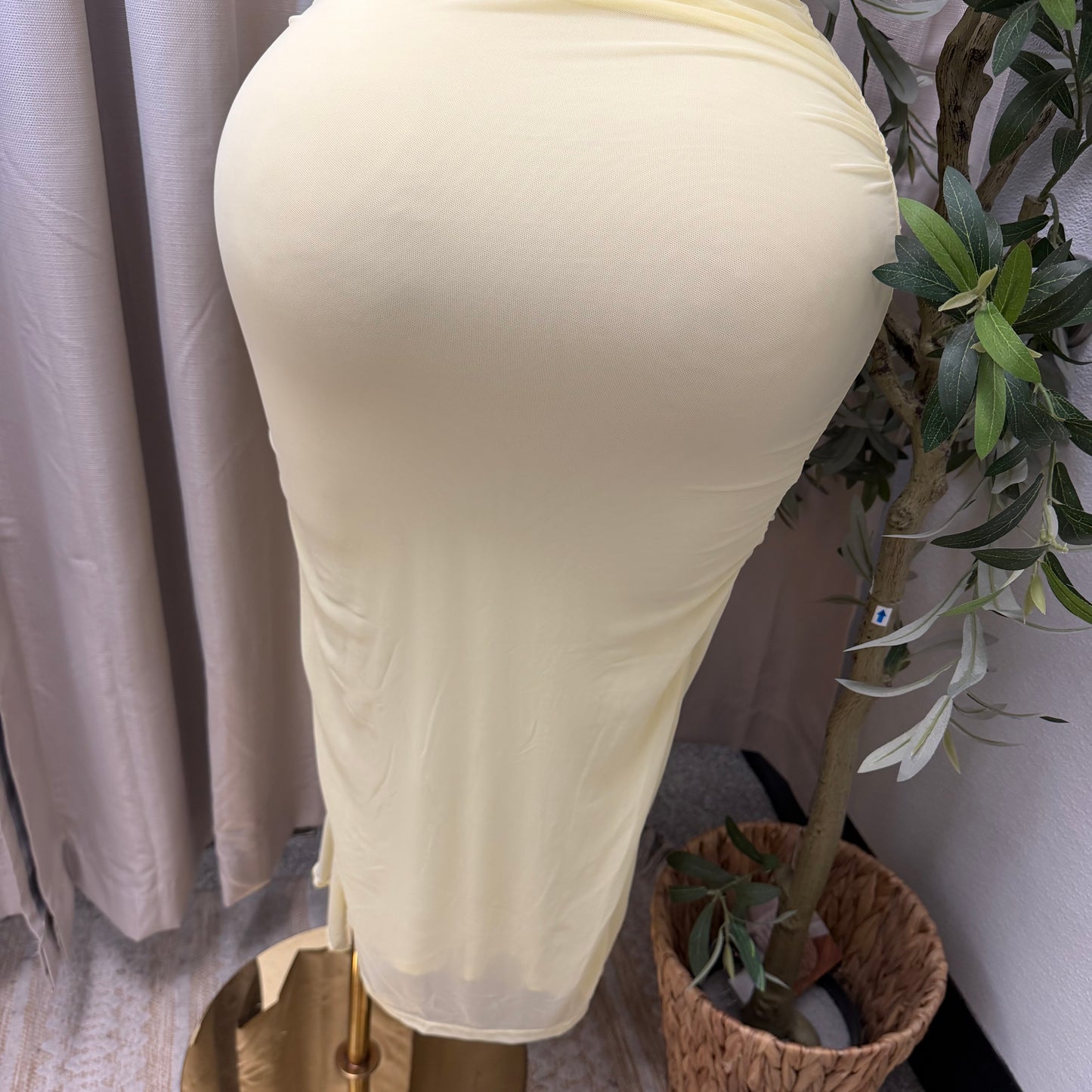 Mesh draped Slit Midi Dress-butter yellow