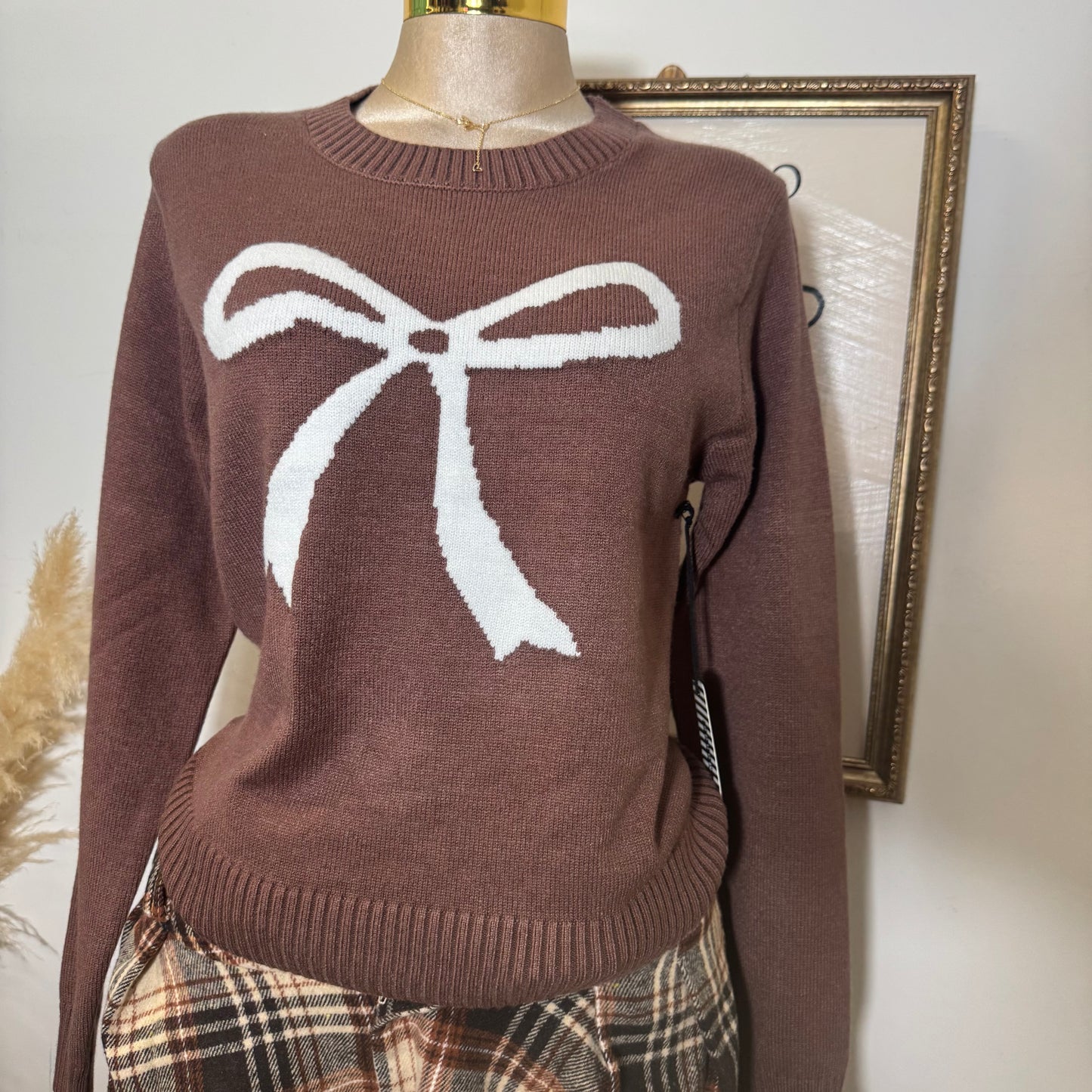 Ribbon Crew Neck Sweater Top-Chocolate