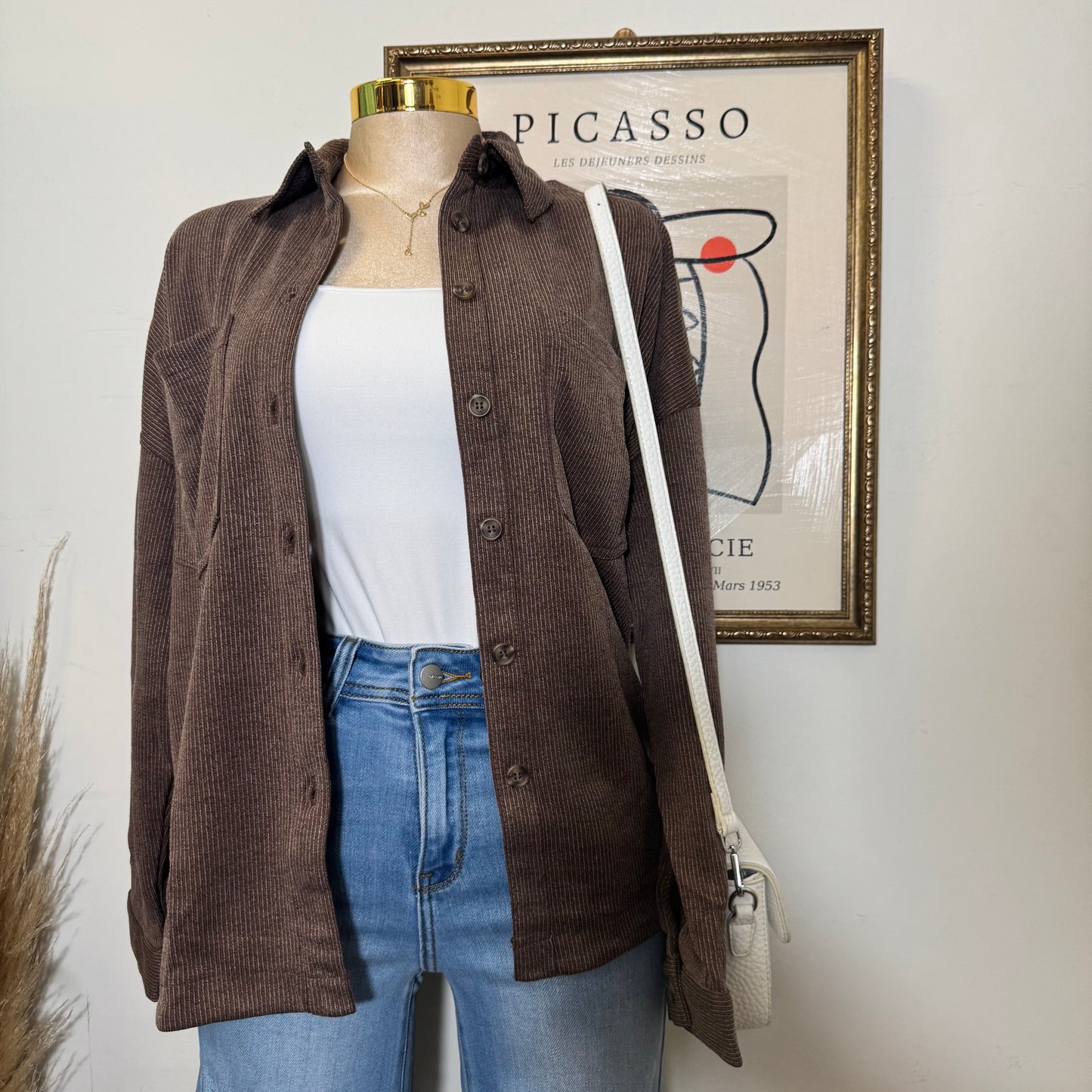 Oversized Pinstripe Collared Button Down Shacket-brown