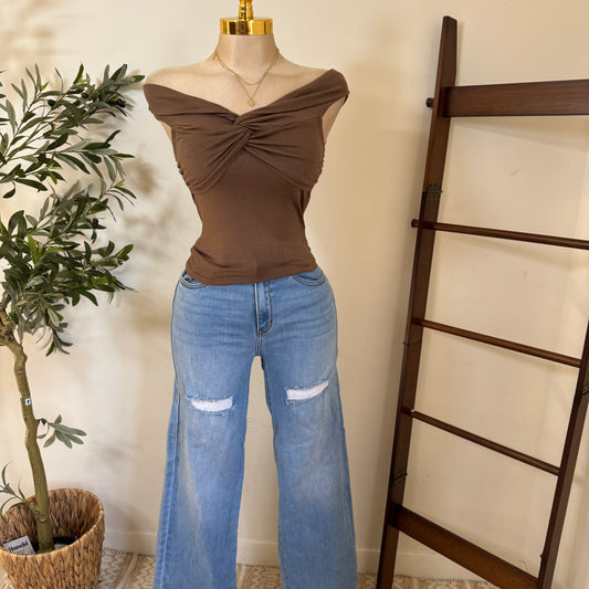 Twist Off The shoulder Top-Brown