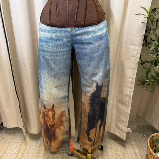Horse Print Barrel Jeans -Horse