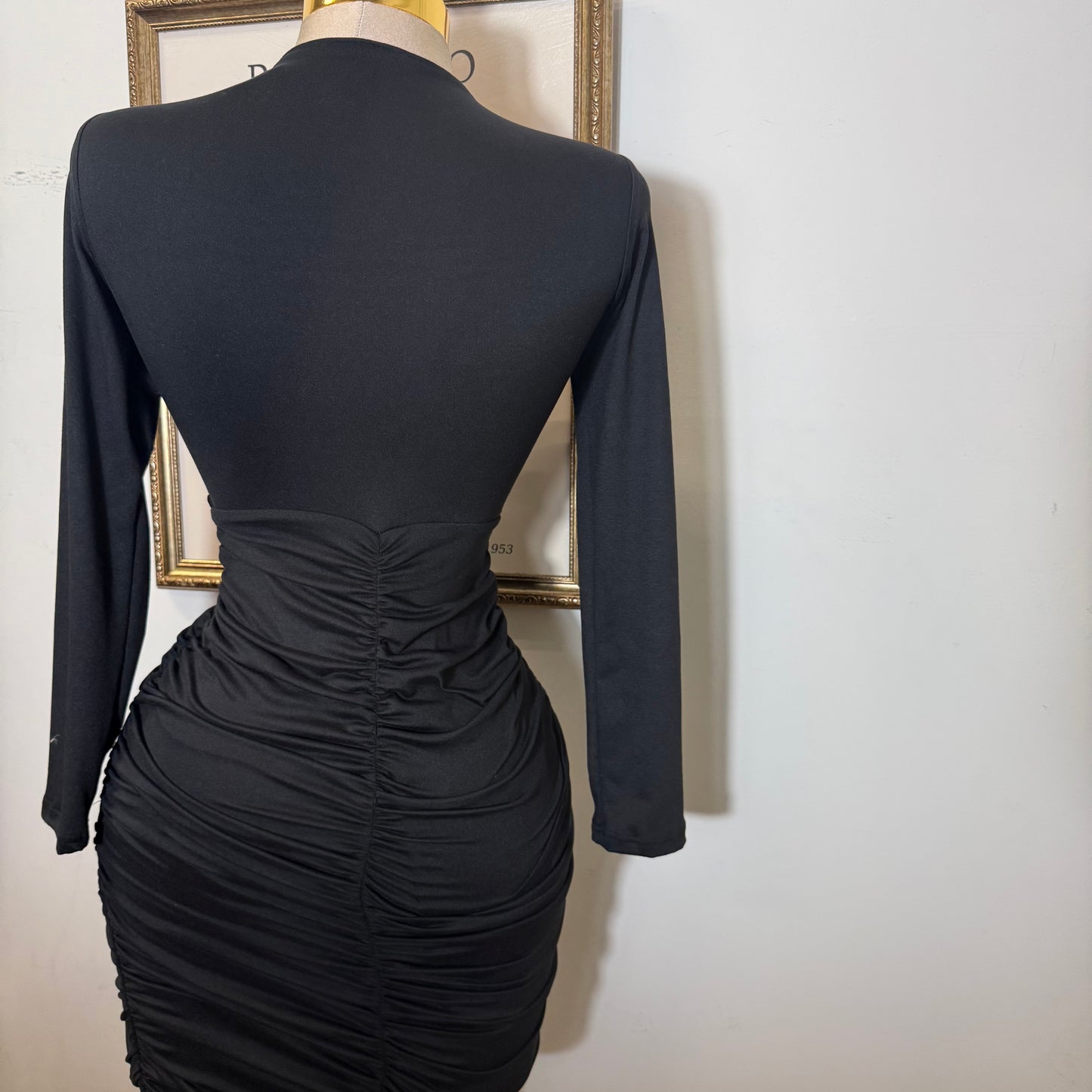 Long Sleeve Double Layered Midi Dress-Black