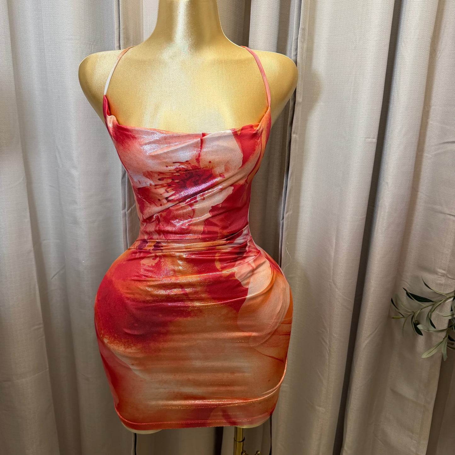 Foil Floral Cowl Neck Pleated Bodycon Mini Dress-Red Combo