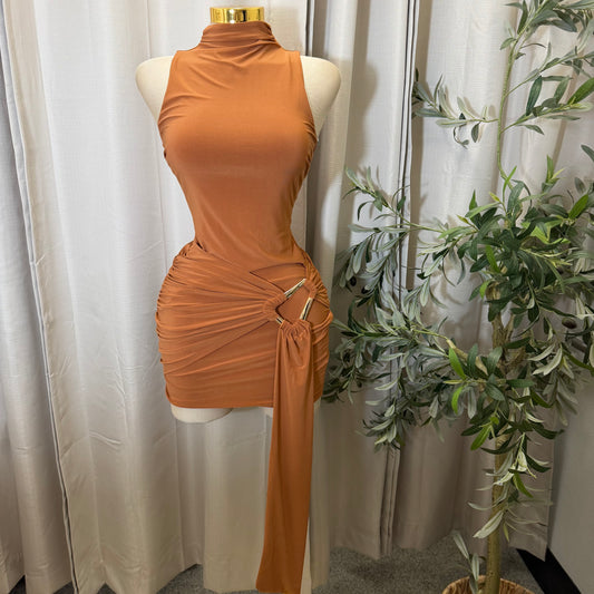 Mock Neck Front Sash With Trim Detail Mini Dress-Rust/Mocha