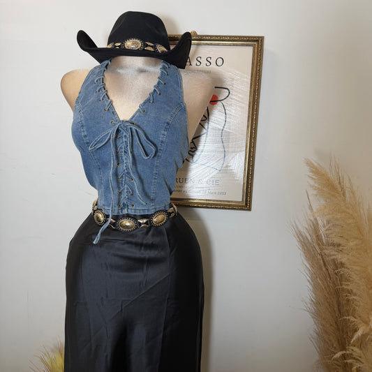 Halter Denim Lace Up Vest-Denim