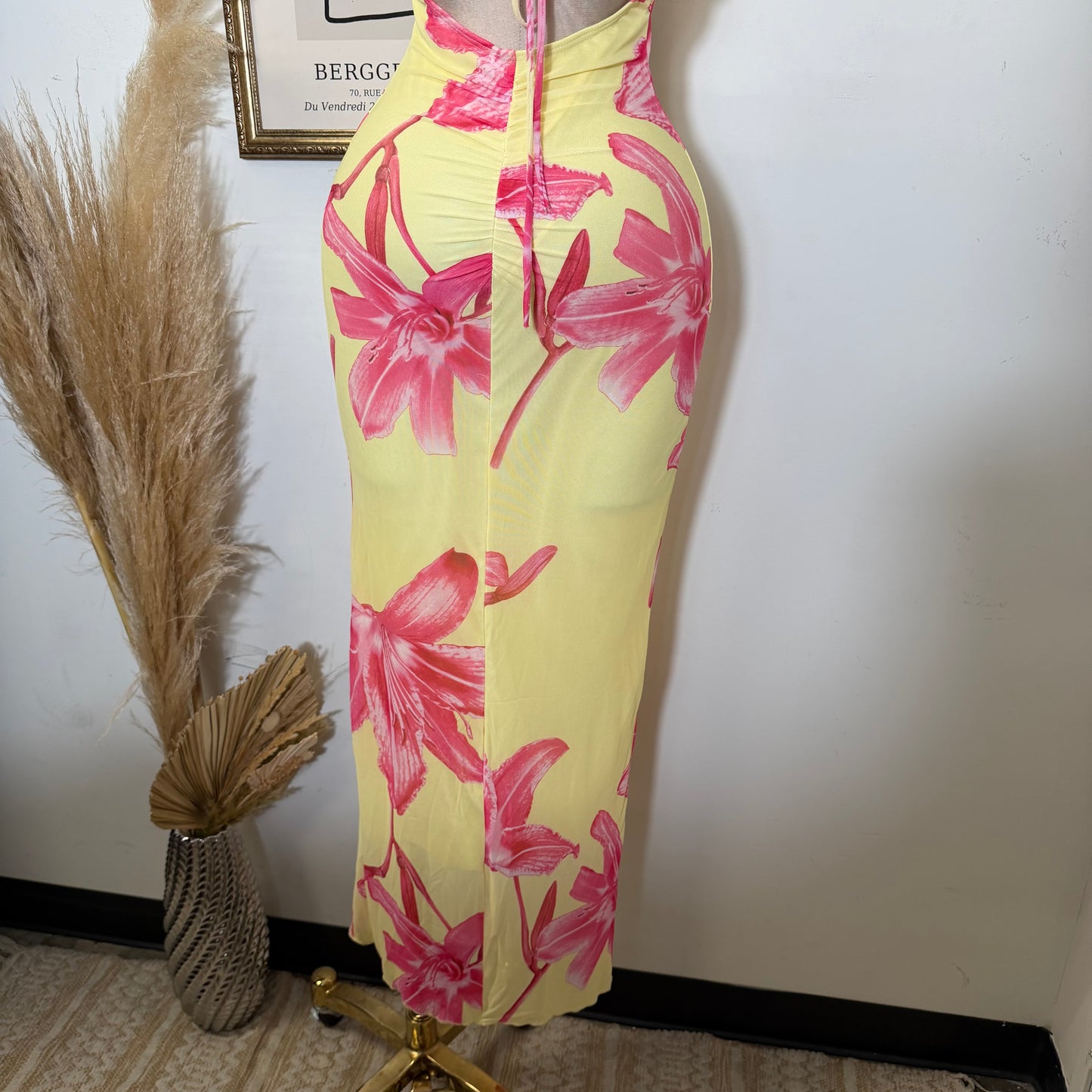 Halter Mesh Open Back Dress-Yellow Combo