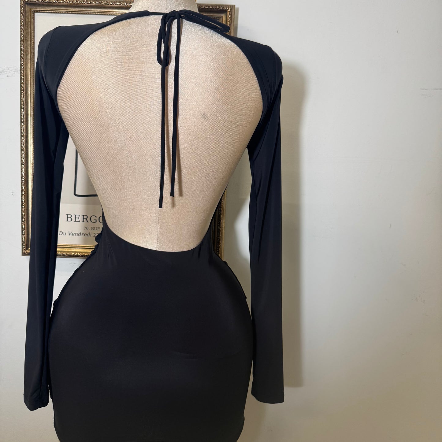 Long Sleeve Drape Trim Detail Mini Dress-Black