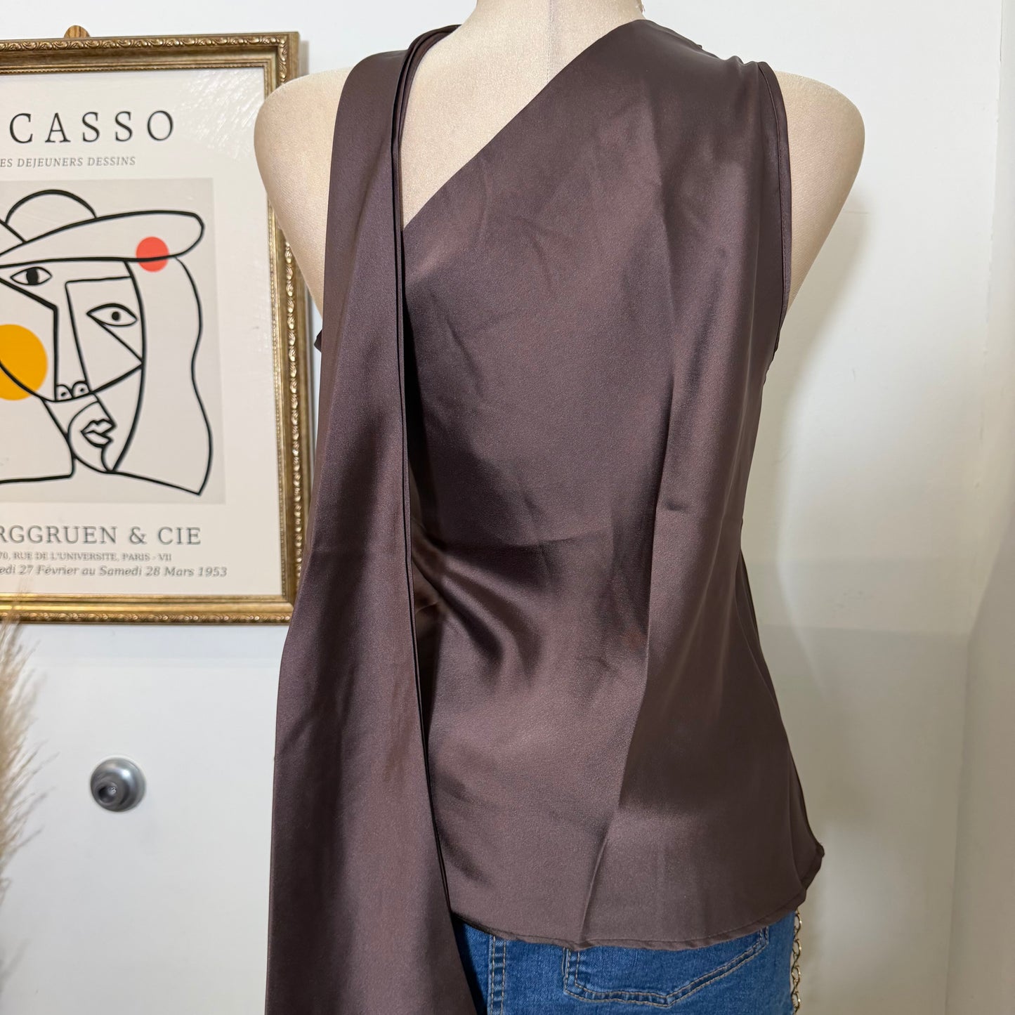 One Shoulder Satin Top w/ Scarf Detail-Brown