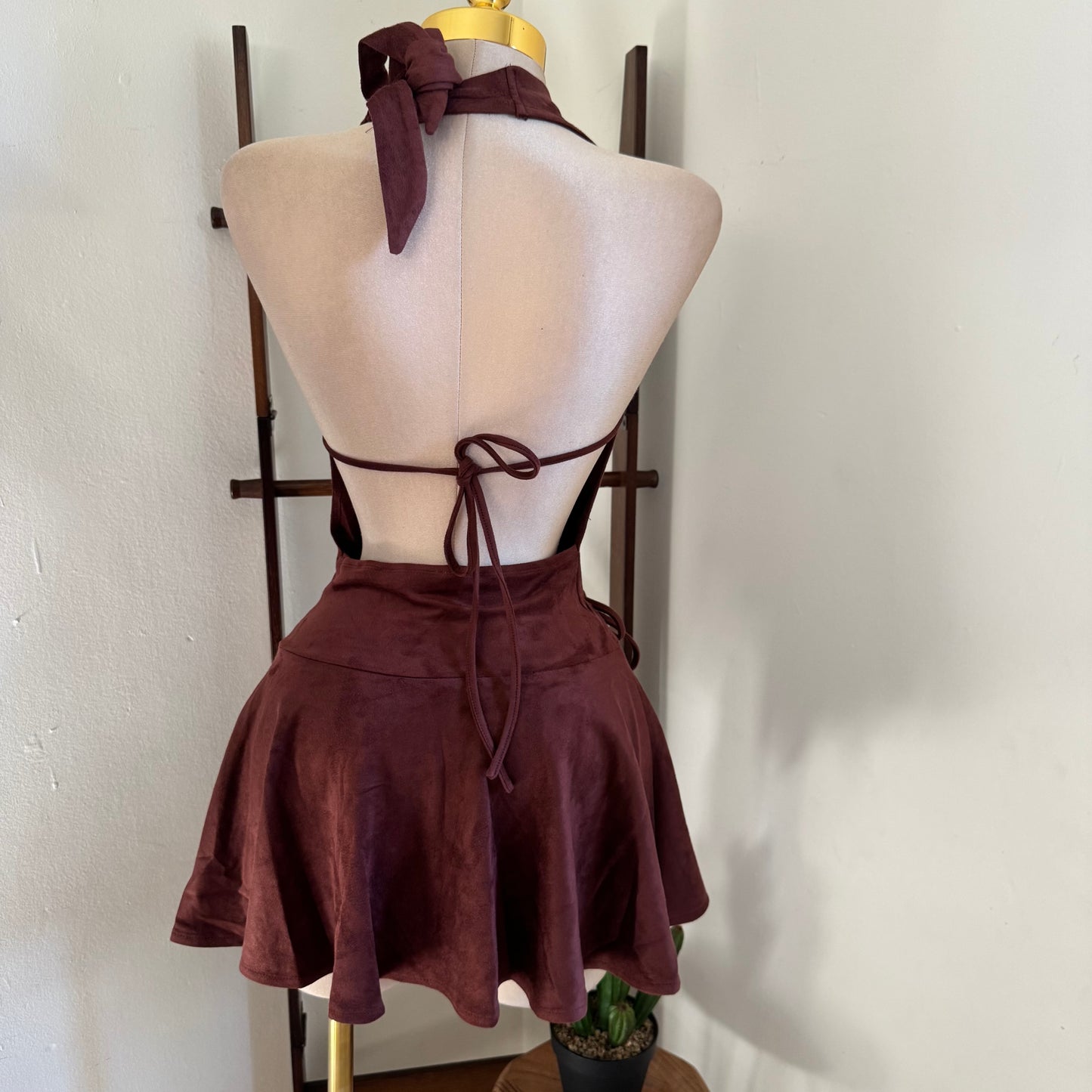 Suede Cowl Halter Open back Dress  -Burgundy