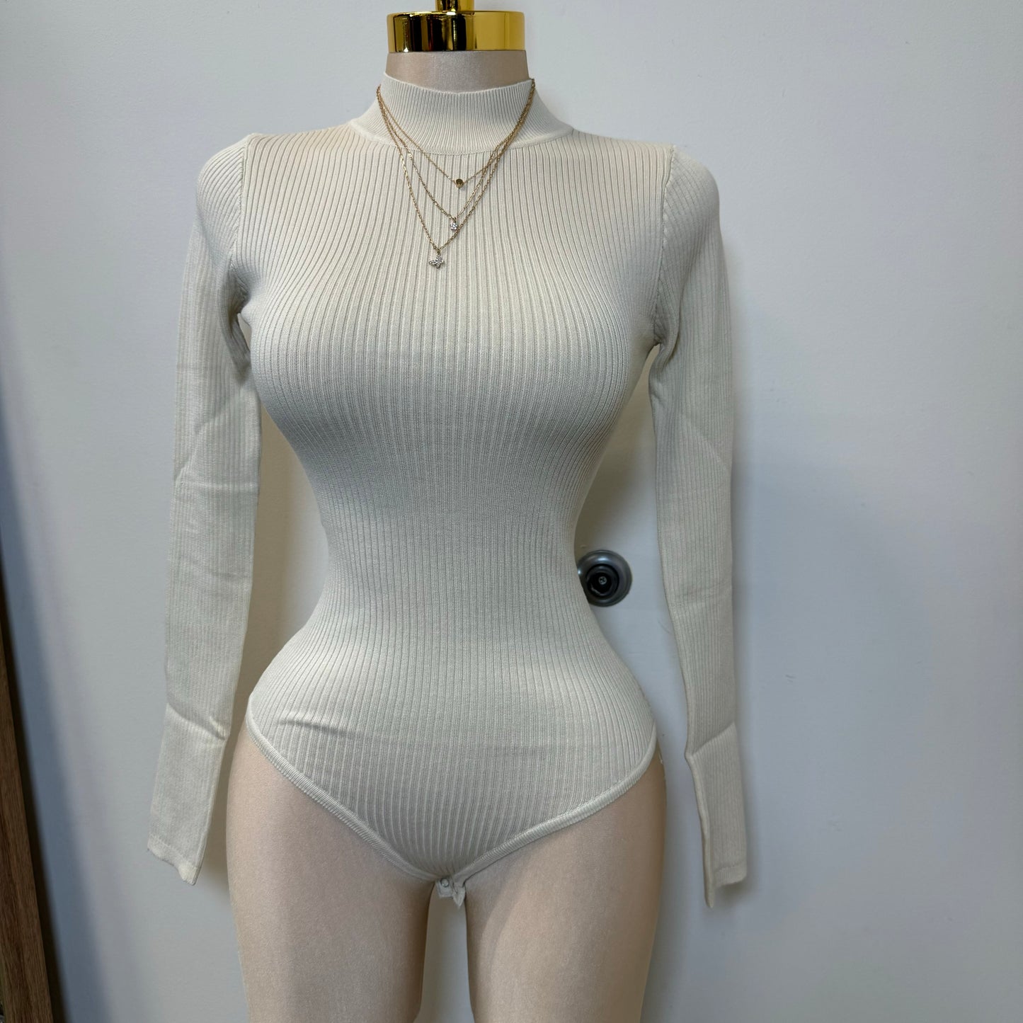 High Neck Long Sleeve Ribbed Knit Bodysuit-Ivory