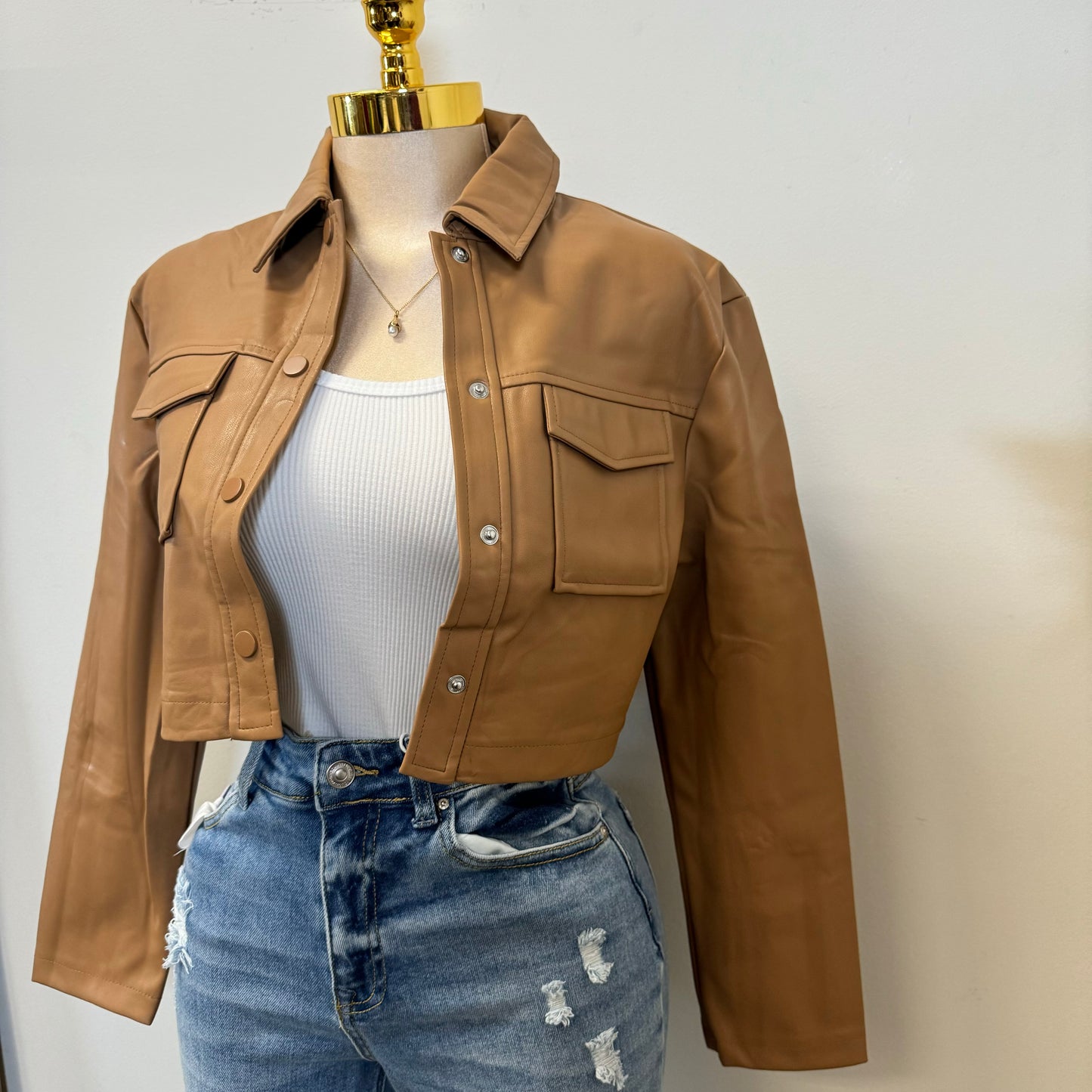 Lulú PU Leather Cropped Jacket -Brown