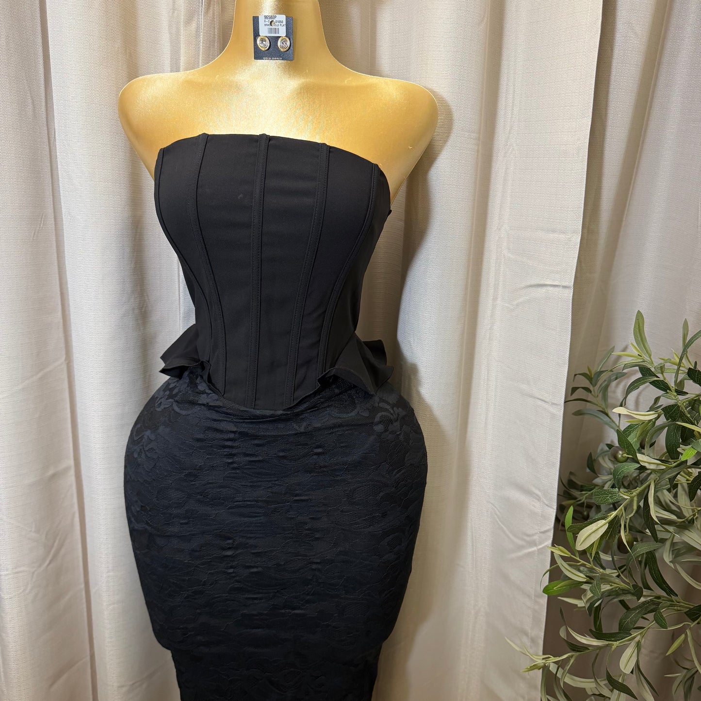 Strapless Corset Lace Midi Dress-Black