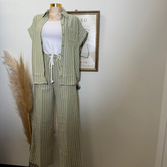 Linen Stripe Button Down Shirts Top and Pant set-Sage