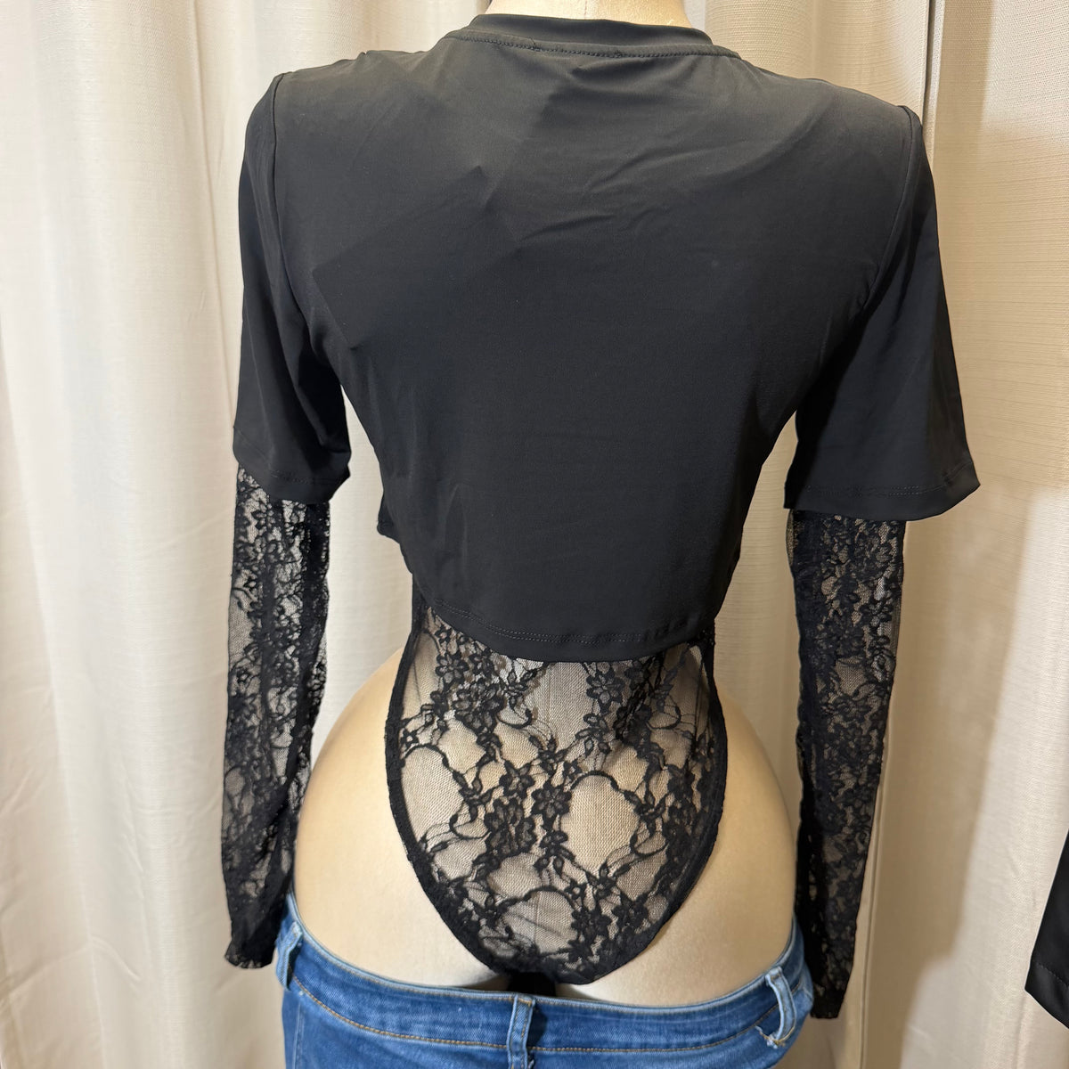 Layered Lace Bodysuit with T-Shirt Overlay-Black