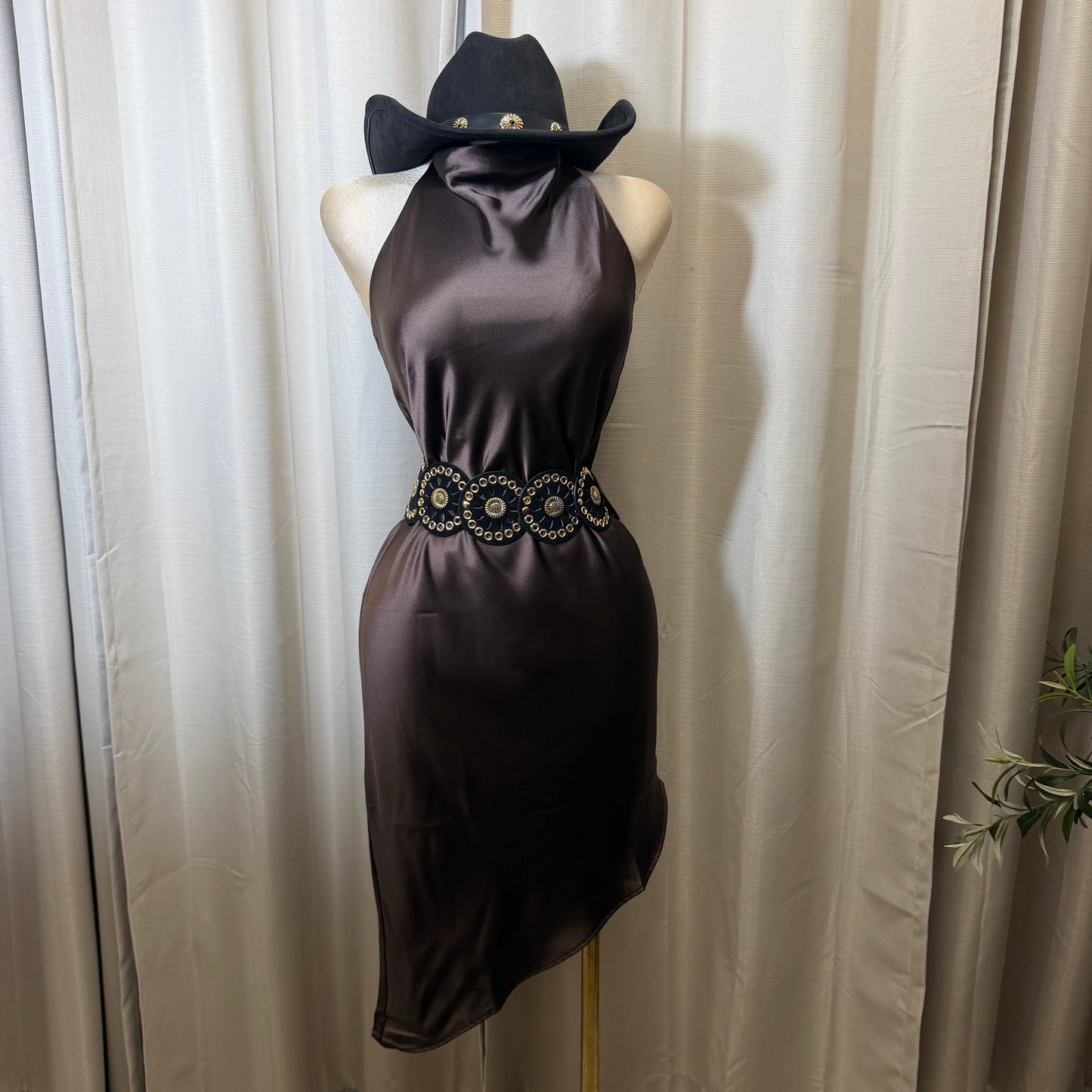 Satin Asymmetrical Midi Dress-Brown
