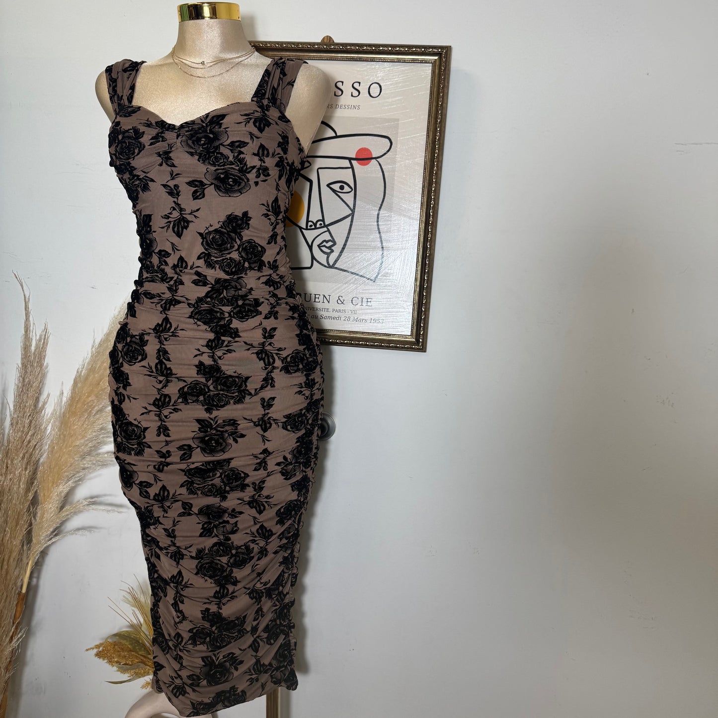 Off the shoulder Ruched Midi Dress-mocha Black