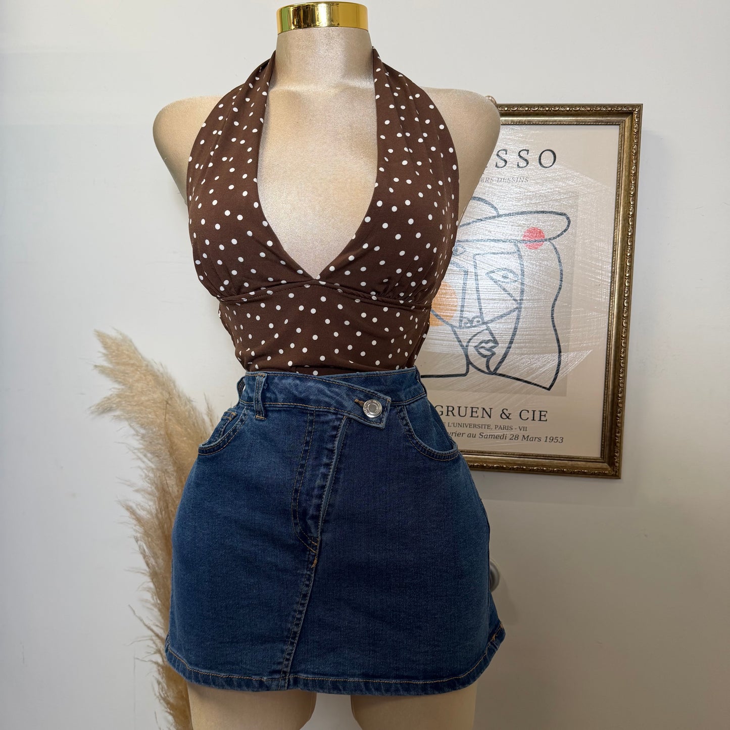 Polka Dot Halter Neck Top-Brown