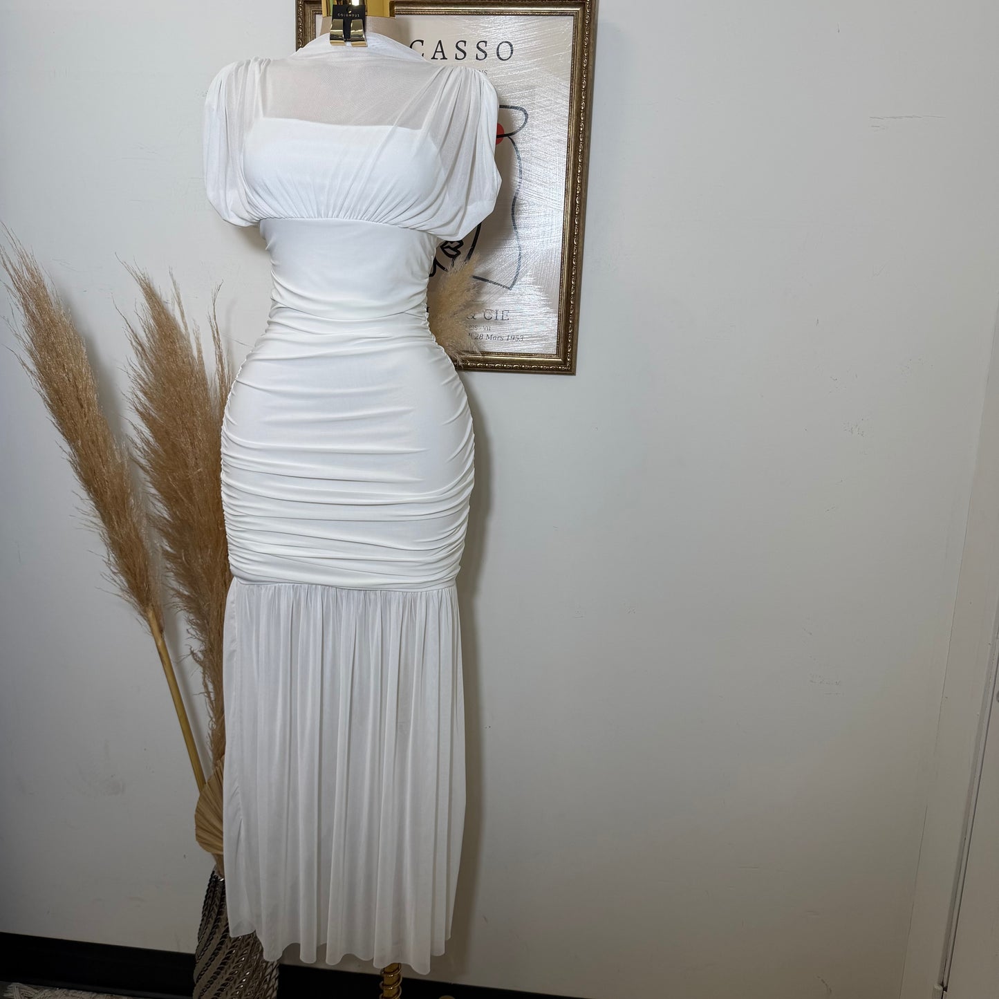 Mesh & Knit Mix Long Dress-Ivory