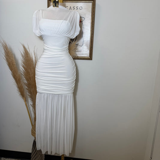 Mesh & Knit Mix Long Dress-Ivory