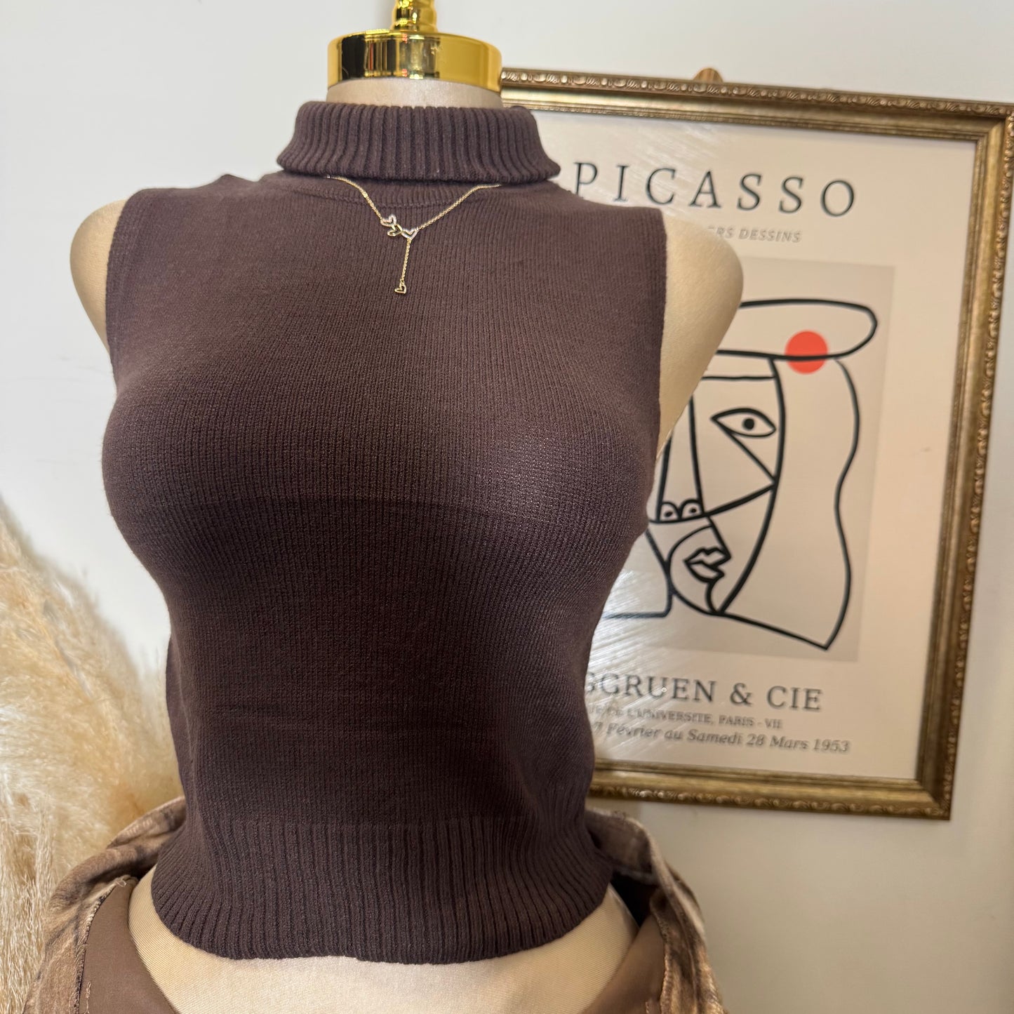 Sleeveless Turtle Neck Sweater Top-Brown