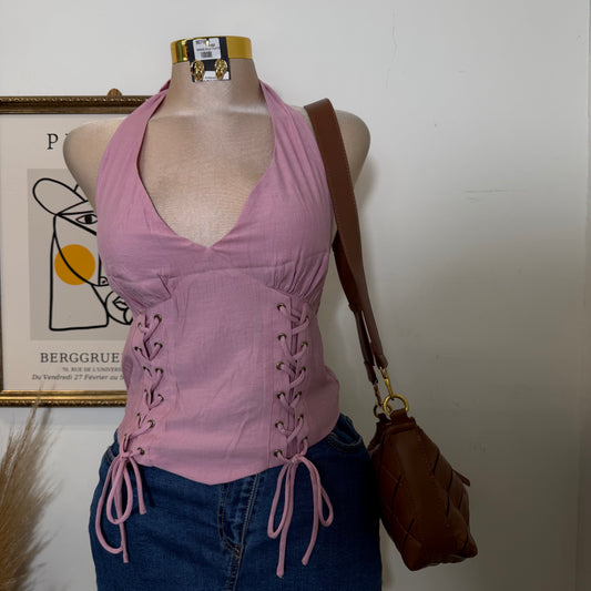 Halter Neck Crop Top-Pink