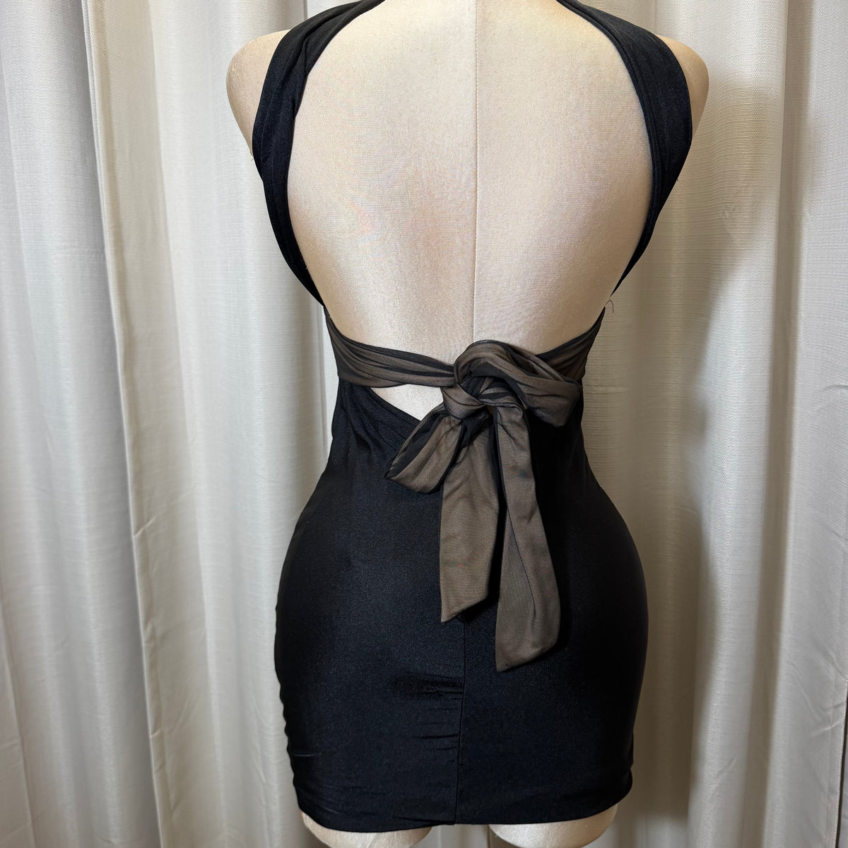 Knit Satin with Mesh Contrast Neck Band Dress-Black