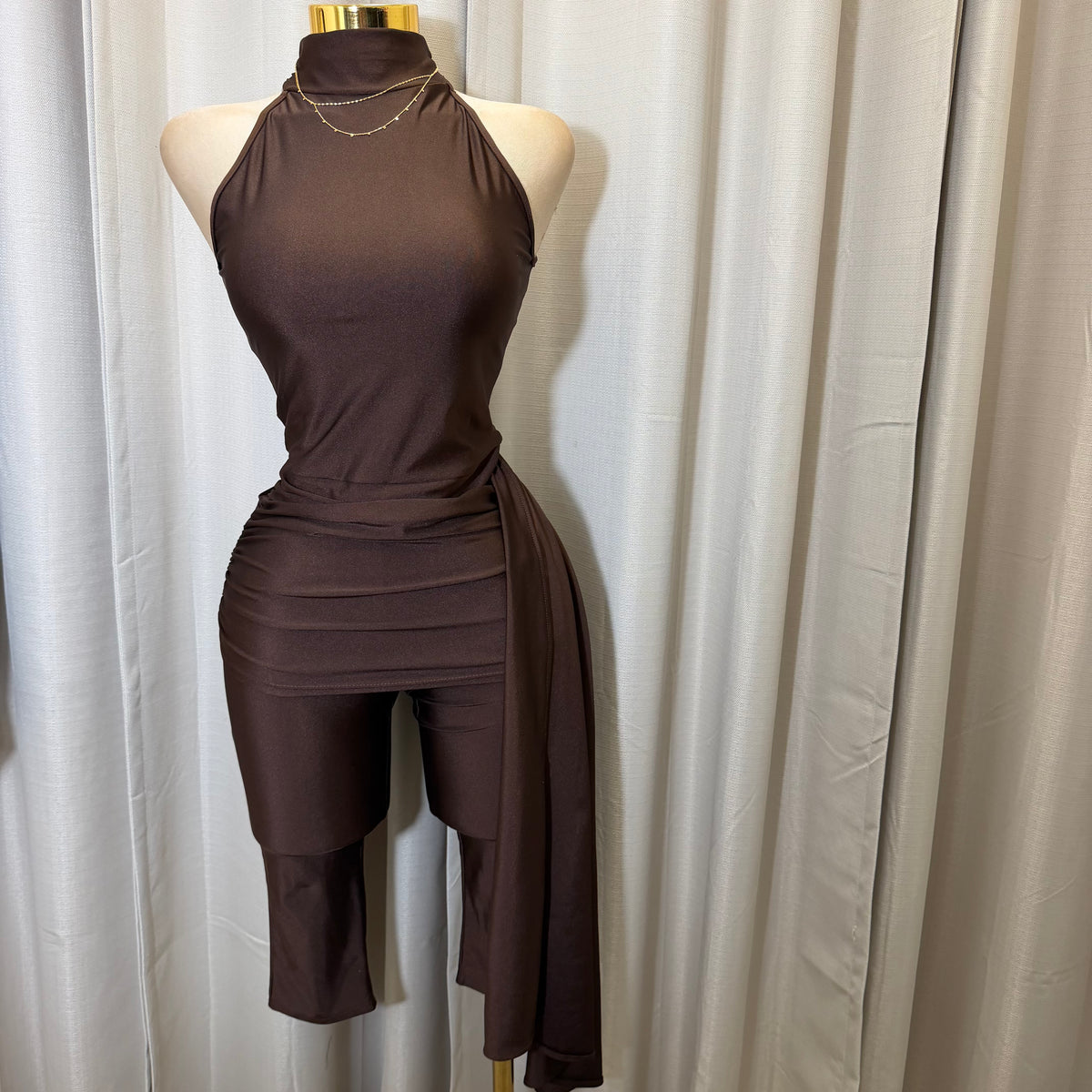 Mock Neck Capri Jumpsuit-Brown