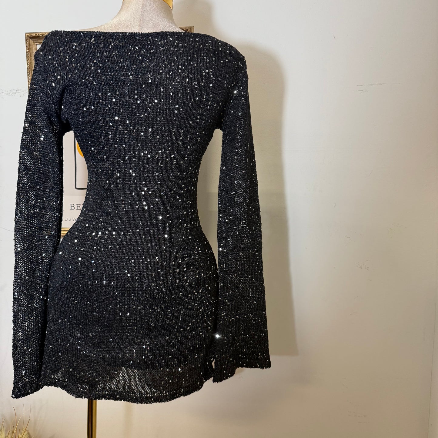 Long Sleeve Sequin Sweater Mini Dress-Black