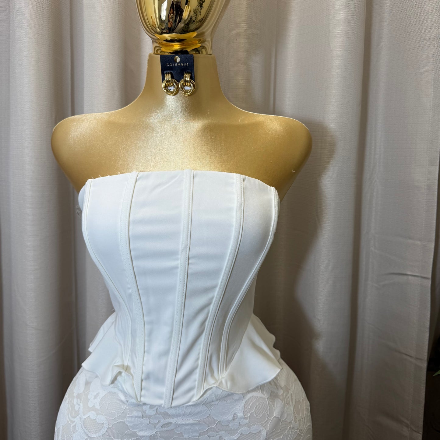 Strapless Corset Lace Midi Dress-White