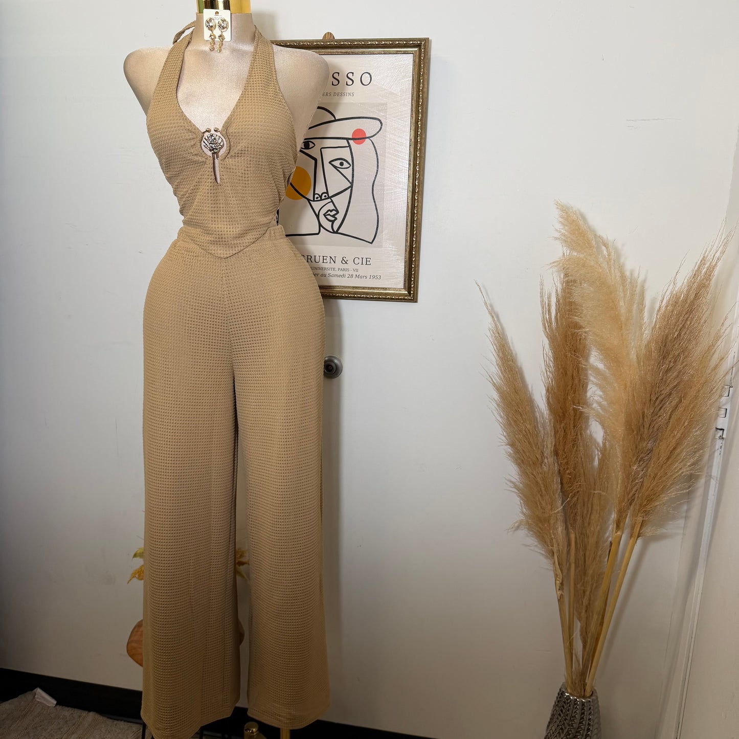 Waffle Knit Seashell Trim Top Wide leg Pant Set-Taupe