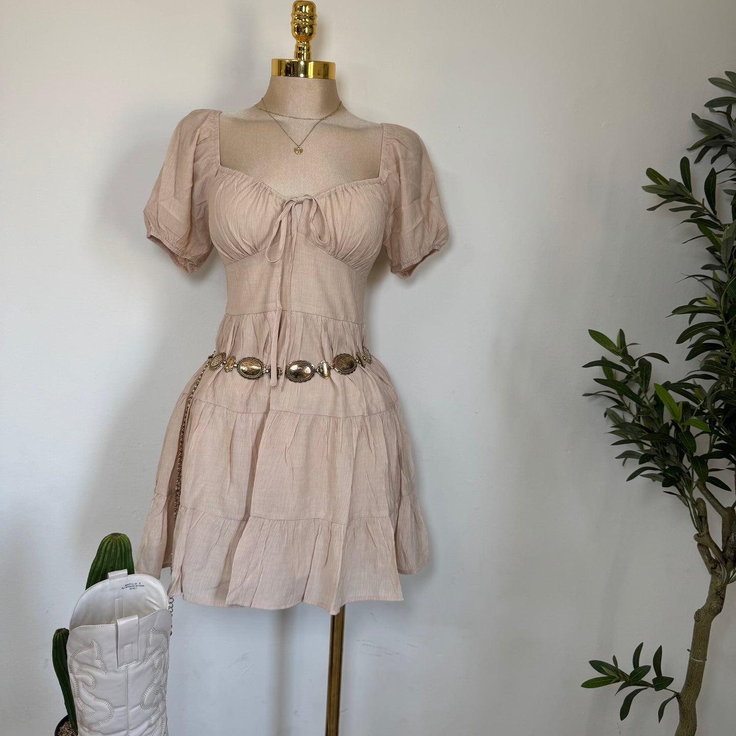Puff Sleeve Tiered Mini Dress-Cream