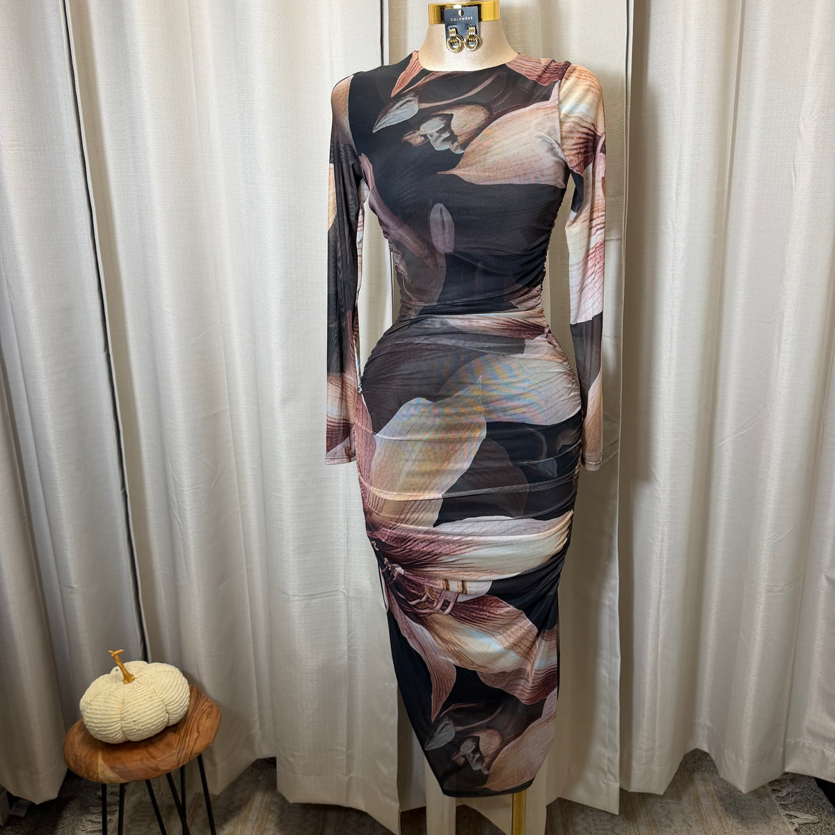 Big Flower Mesh Shirring Midi Dress-Brown Combo