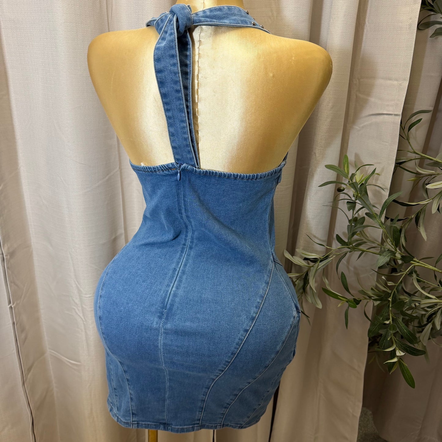 Stud Halter Detail Denim Mini Dress-Denim