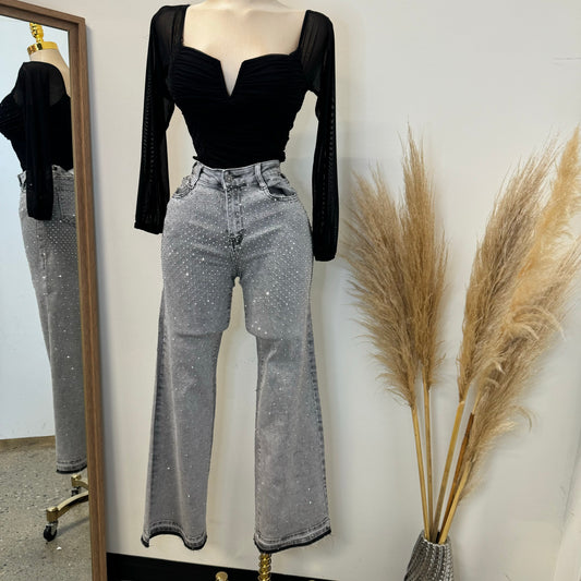 All Rhinestone Pants-Gray