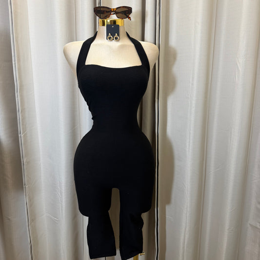 Halter Ribbed Capri Jumpsuit-Black