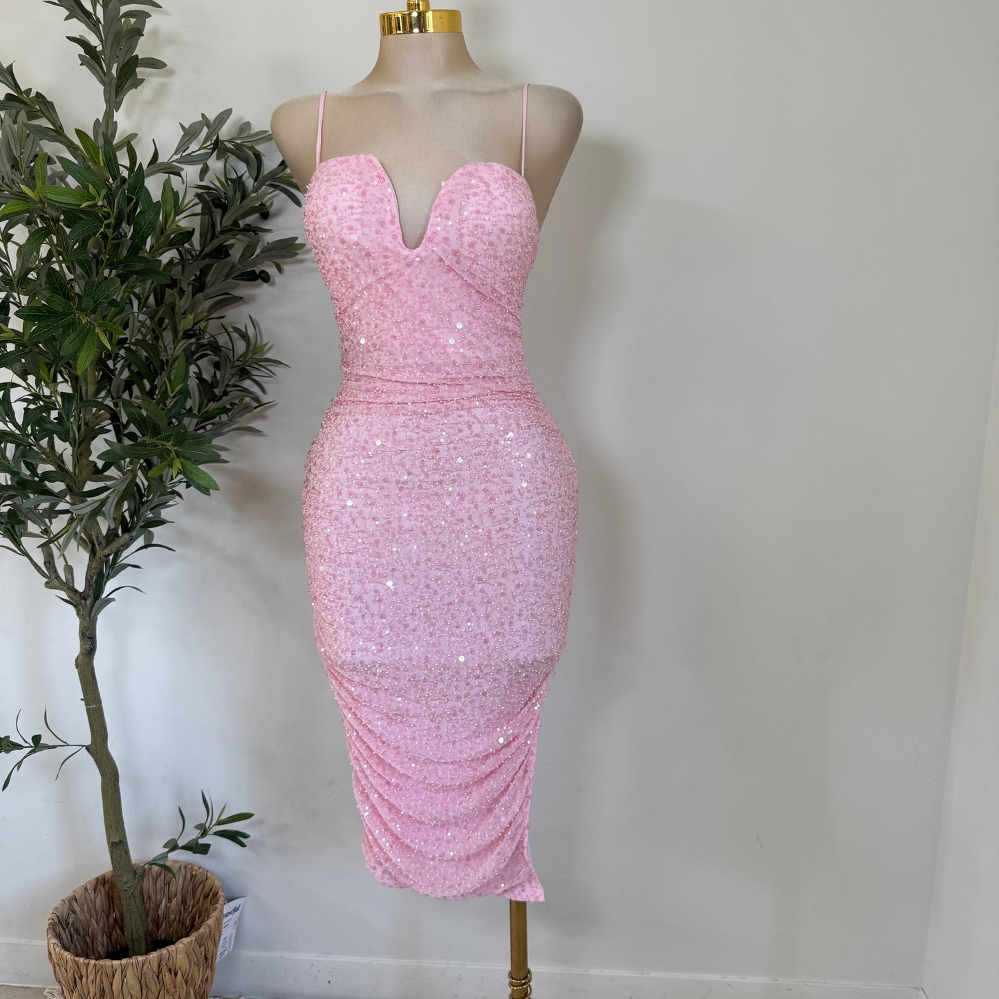 Bead and Sequin Ruched Midi dress-Baby Pink