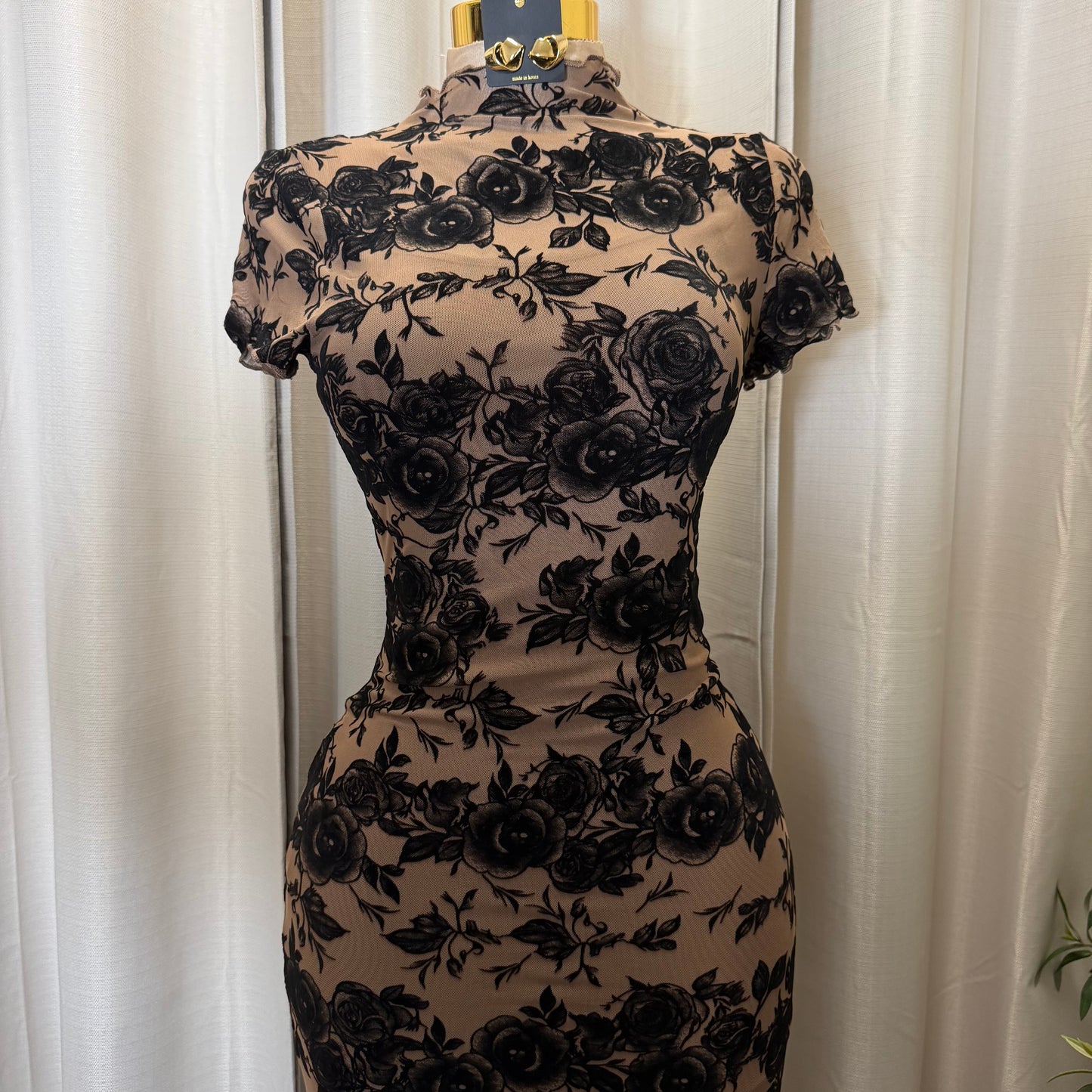 Luxi Mesh Flower Print Dress-Brown