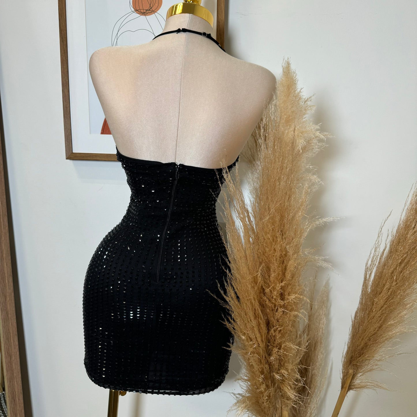 Vegas Rhinestone Halter Dress-Black