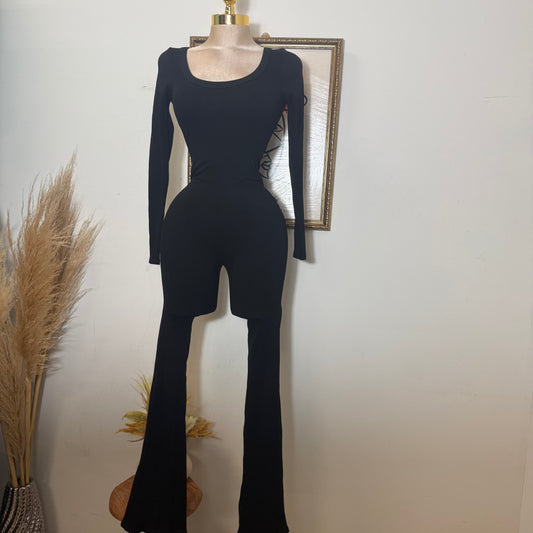 Long Sleeve Snatched Flare Jumpsuit-Black