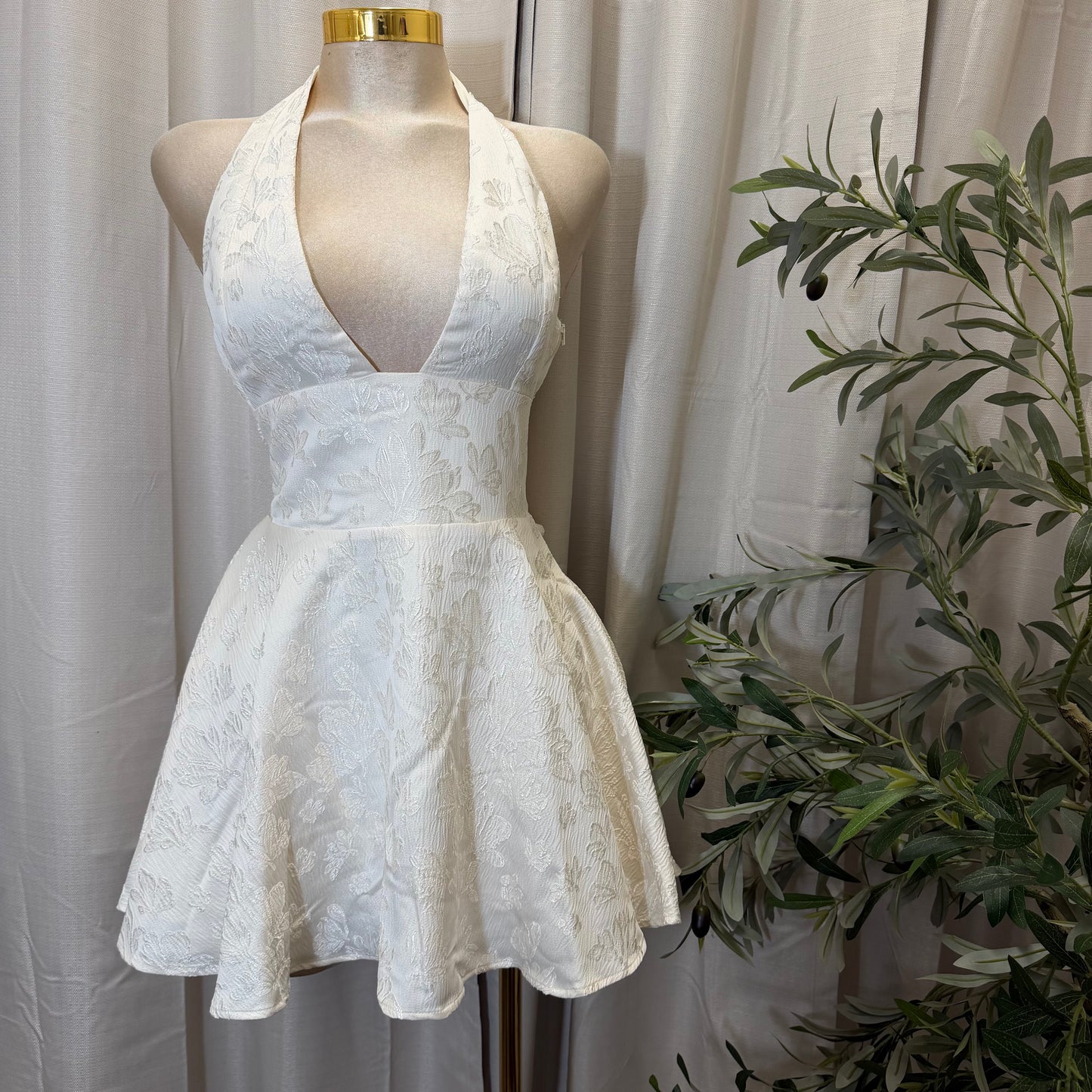 Satin Jacquard Halter neck Mini Dress-Ivory