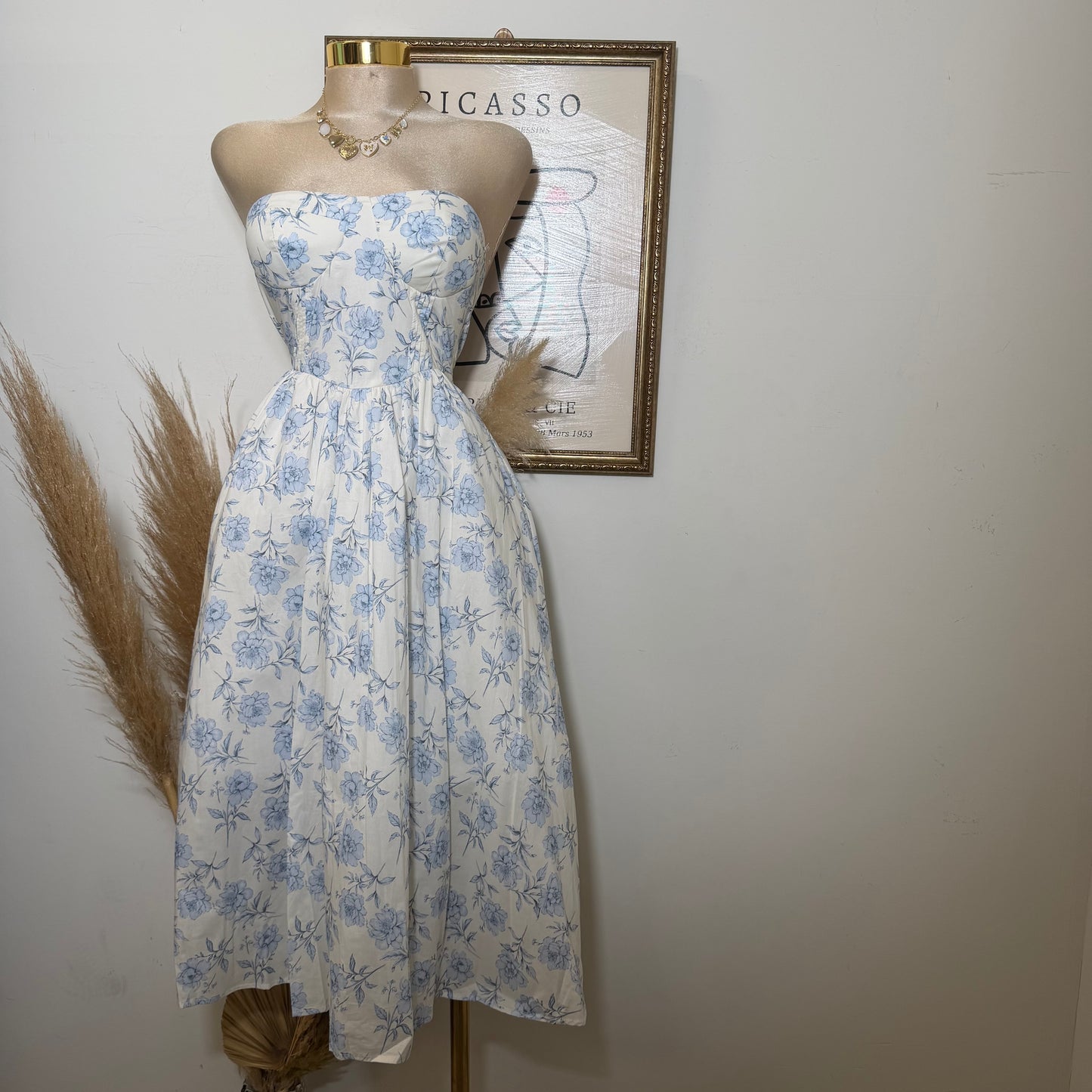 Tube Midi Dress with  Blue Flower-Blue